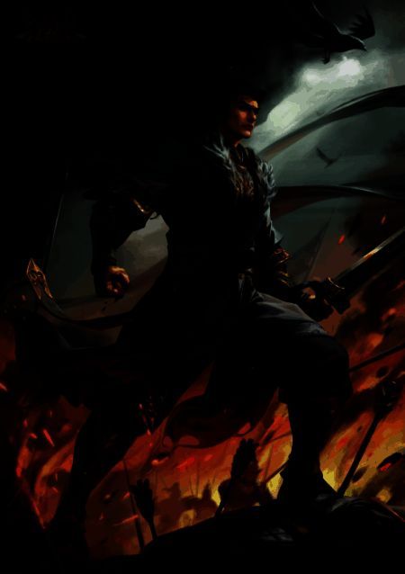 SP曹操原画立绘，身穿黑色战甲，剑指前方，身后火焰翻腾，气势逼人