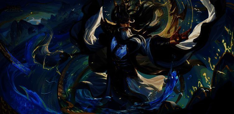 族吴苋皮肤特写，金色锦鲤在空中游动，光影特效华丽，人物姿态优雅