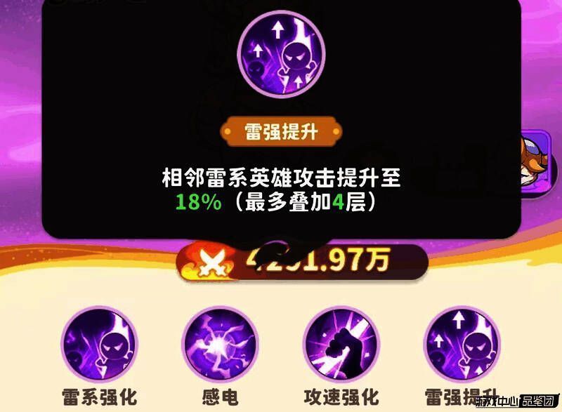 《魔宠降临》技能界面展示,左侧为雷系强化图标,右侧为雷强提升说明,界面清晰标注技能等级与增益百分比