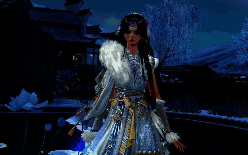 女性角色身穿雪域藏云华服，立于雪山之巅，阳光洒落衣袍暗纹熠熠生辉