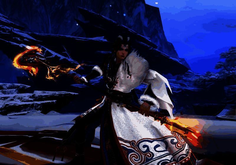 男性角色身穿雪域藏云男款华服，背景为藏式建筑与雪山