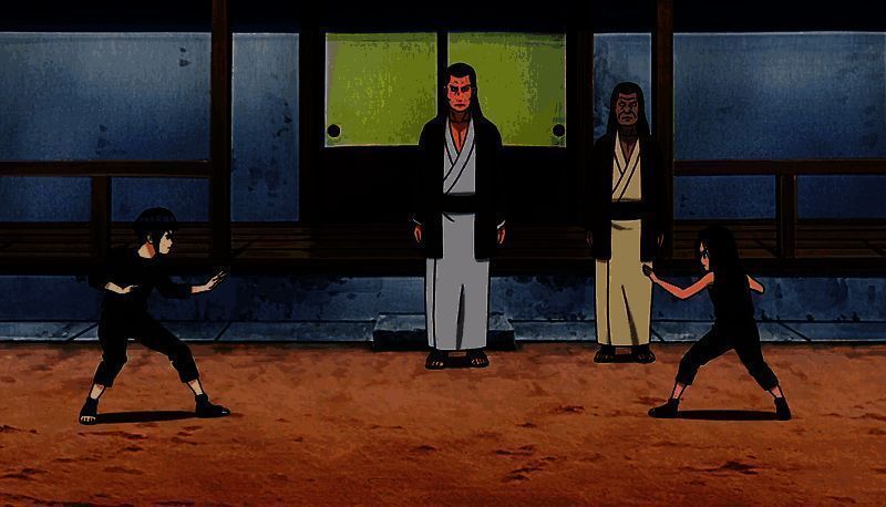 雏田低头流泪,背景为日向家族的古老庭院,气氛压抑