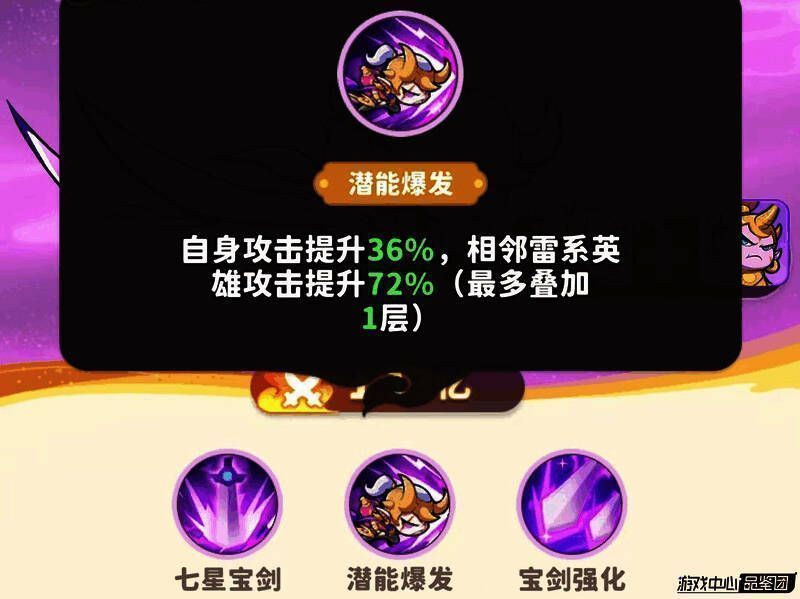 如意剑仙技能面板展示潜能爆发效果，显示对自身及邻位英雄的攻击力提升百分比