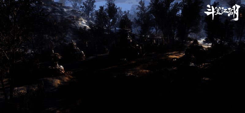 《斗笠江湖》游戏主视觉图，主角身披斗笠立于山巅，背景是烽火连天的古城，氛围苍凉而壮烈