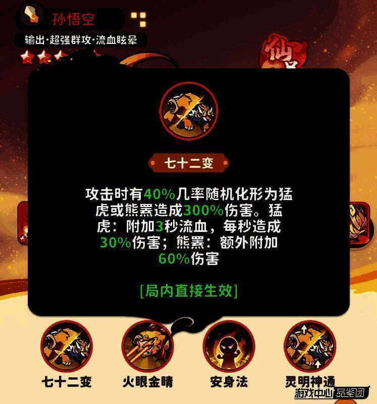 孙悟空开启火眼金睛，双眼发出金光，对周围敌人发动连环打击