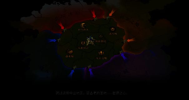 四大阵营旗帜并列展示,背景为战场全景,象征阵营间宏大对抗