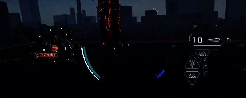 《解限机》中轻型机甲执行空中起飞动作的瞬间，机甲背部喷射火焰，姿态倾斜向上，背景为城市废墟战场