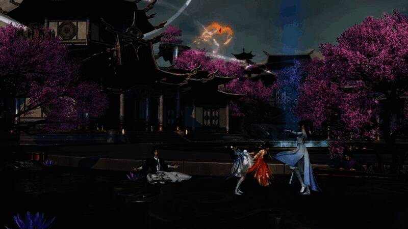 一对仙侣角色携手站在花海中,男角色身穿银甲,女角色披红纱,背景为落日余晖