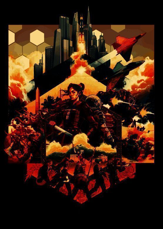限量艺术海报展示,木兰站在六边形战场中央,背后是机甲与古代军队并列行进