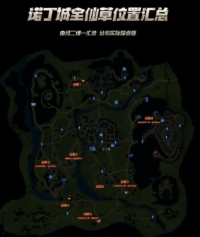 仙草位置示意图，每株仙草以绿色光点标记于树后或石旁