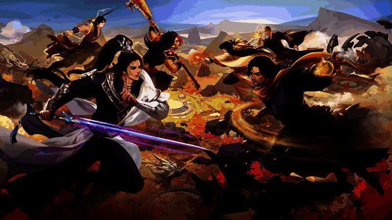 《天龙八部》全国争霸赛激烈对战场面，选手专注操作，屏幕中角色技能特效炸裂，氛围紧张刺激