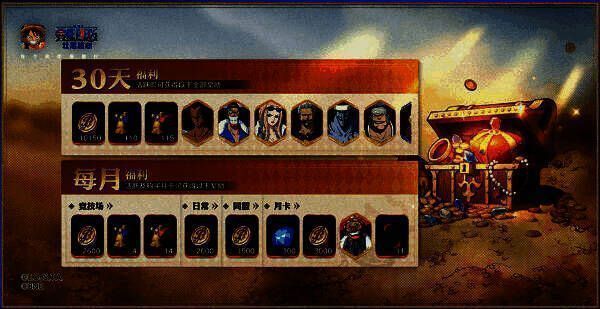 游戏内活动中心页面，展示首月登录奖励日历，包含招募券、金币、角色体验卡等丰富奖励