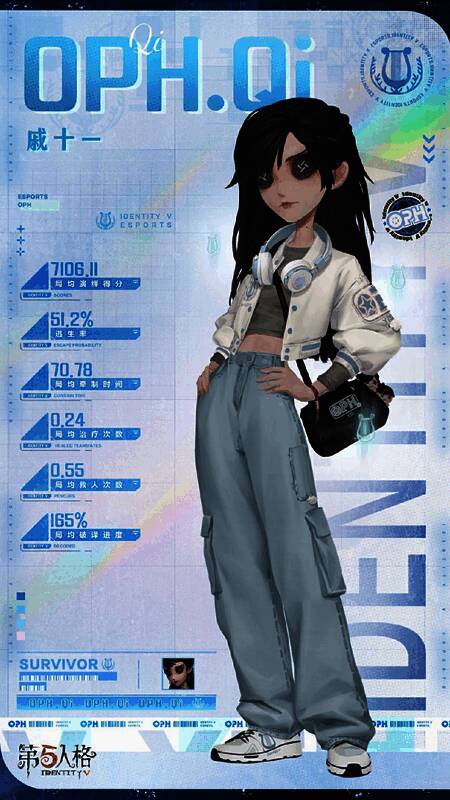 古董商-OPH.QI游戏内形象展示，嘴角微扬，眼神坚定，动作姿态充满自信与力量感