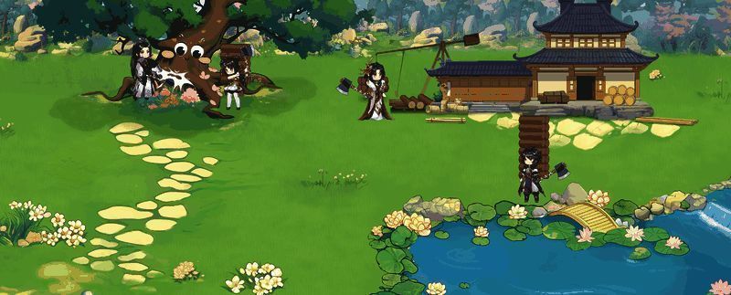 商会后山场景截图，多名船员在林间砍树，背景为山林与木屋，氛围轻松自然