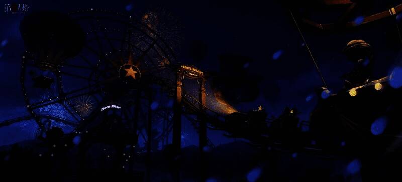 求生者角色在装饰华丽的圣诞市集中穿行,周围有旋转木马和灯光装饰