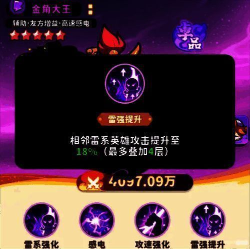 金角大王站位示意图，位于队伍中央，周围雷系英雄头顶显示攻击力提升图标