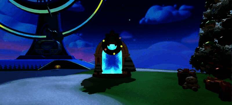 蛋仔岛被白雪覆盖，中央矗立着巨大的装饰圣诞树，夜空中烟花绽放，营造出浓厚的节日氛围