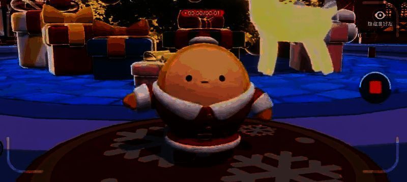 蛋仔们使用三脚架摄像机合影，背景是飘雪和烟花交织的夜空，画面温馨浪漫