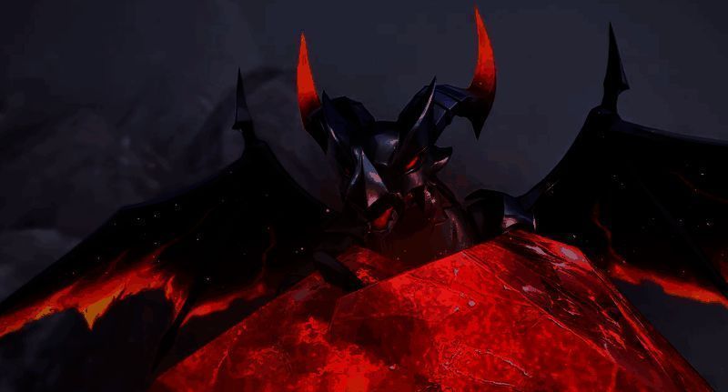 盔勇士站立于火山之巅，手持盾牌守护玩家，身后是落日与平静的火山口