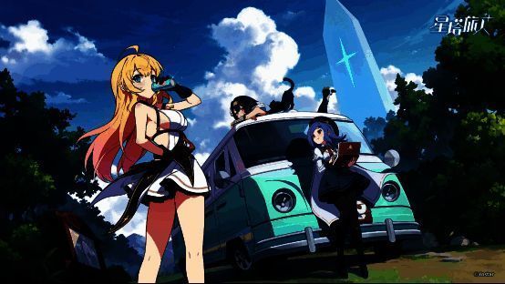 游戏角色设定图展示，三位旅人少女身穿不同风格的探险装备，姿态各异，背景呈现各自所属地区的特色建筑