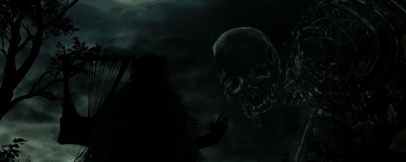 《艾尔登法环：黑夜君临》中复仇者人偶妹角色立绘，身穿暗色战甲，手持双刃，眼神锐利，背景为黑夜笼罩的废墟城市场景