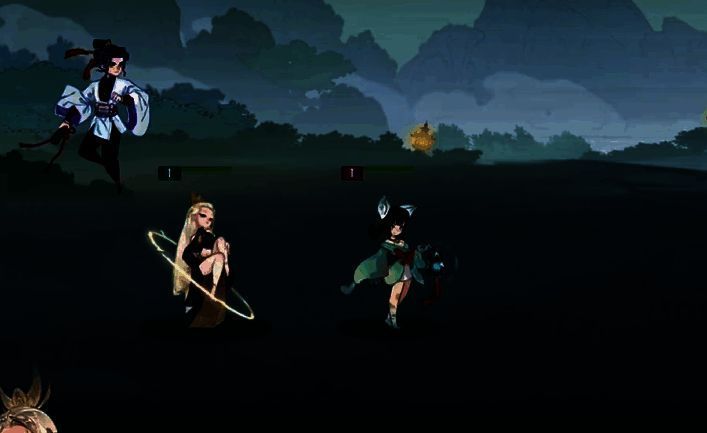 技能动画截图,山鬼挥动双刃释放气刃冲击,目标敌人被击退并出现裂甲特效