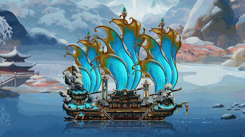 沐香舫外观全景图，白雪覆盖船顶，热气从池中升腾，周围环绕着古典园林景观