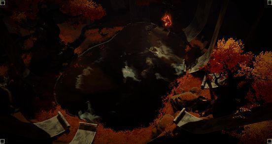 国风主题地图场景，古风小镇笼罩在夜色中，灯笼微光摇曳，角色行走在青石板路上