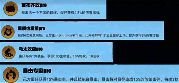 蛋仔派对碰碰棋强化卡选择界面，显示百花齐放Pro、重质也重量Pro等卡牌已激活