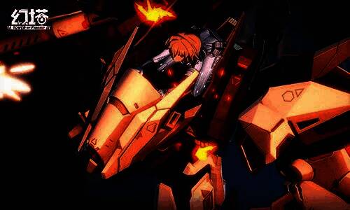 GNET-005γ锆石机甲在城市街道疾驰，装备重型肩炮，周身闪耀能量护盾