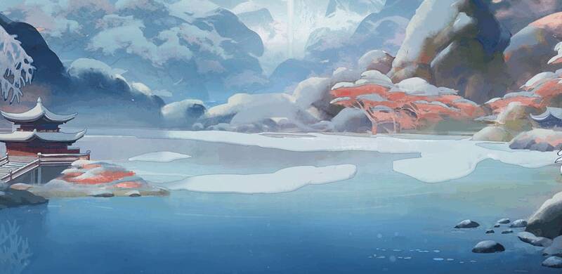 神州千食舫初雪降临场景，雪花缓缓飘落于古风船舫之上，河面泛起淡淡雾气，宛如仙境