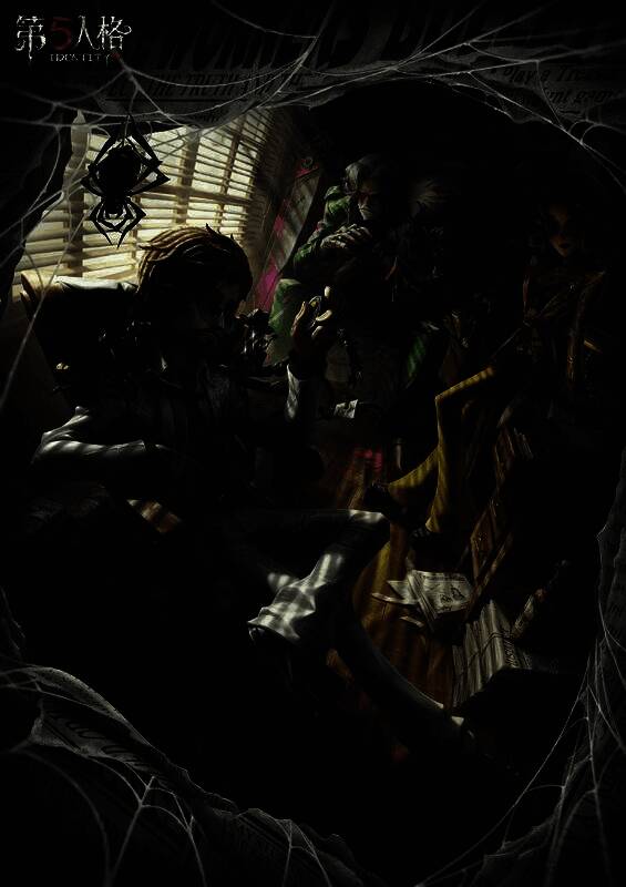 冒险家身穿灰白西装,身后机械蜘蛛闪烁红光,站在昏暗报社中凝视前方,氛围神秘而紧张