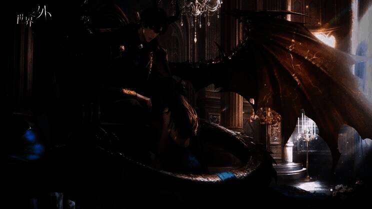 顾时夜伸手轻抚主角脸颊，眼神深邃如渊，周围浮现出古老符文与锁链光影