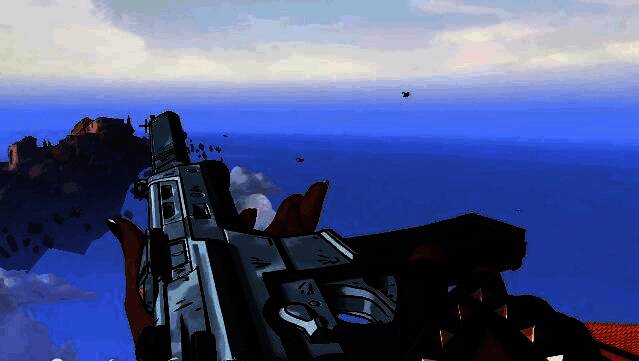 辐能危机皮肤展示，枪身为全白色低多边形设计，开火时浮现美漫风格爆炸特效