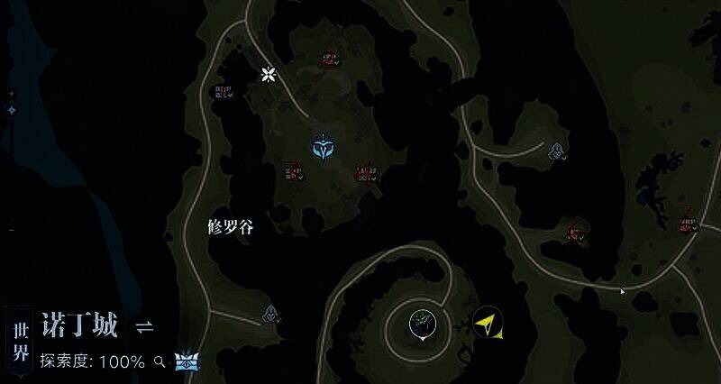 修罗谷地形俯瞰图，标注宝箱位置及攀爬路线，岩壁上有明显跳跃点提示