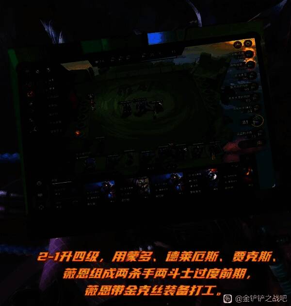 前期过渡阵容站位，薇恩带装备输出，贾克斯与蒙多前排顶住