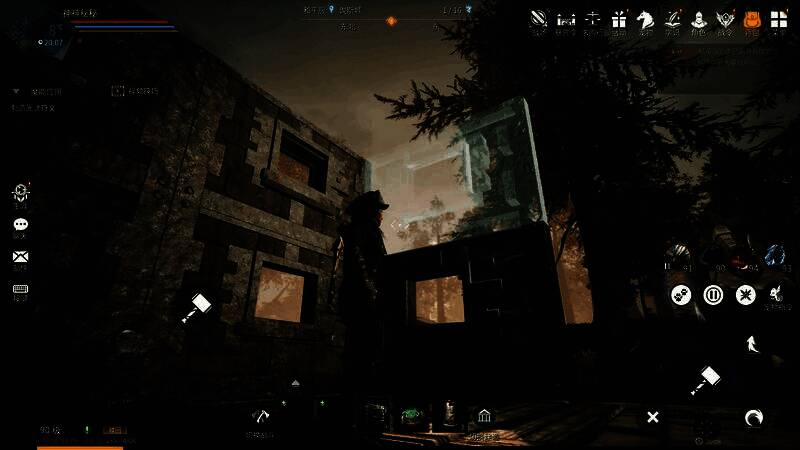 一座悬浮于山巅的魔法城堡,周围环绕着飞行守卫和能量护盾,下方有玩家在忙碌建造