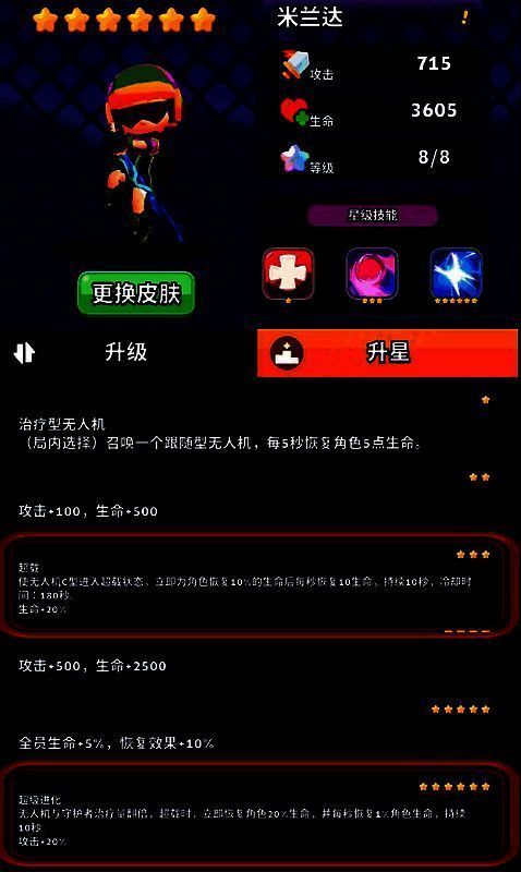 米兰达技能树界面截图,清晰展示1星、3星、6星三个阶段的技能图标与文字说明