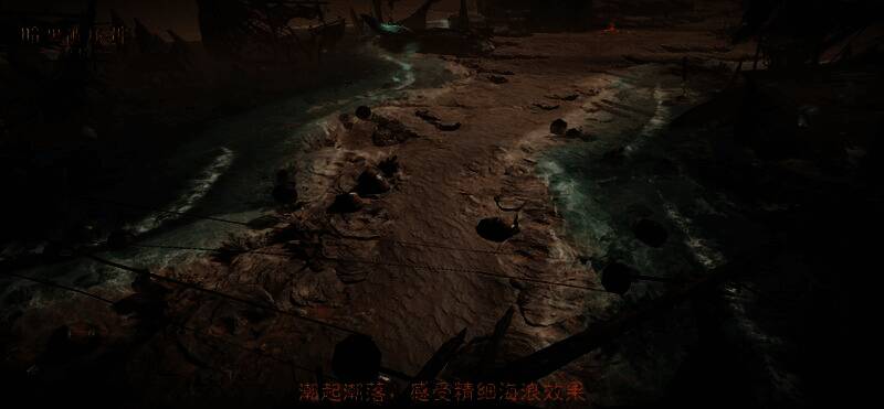 角色站在瀑布前，水流从高处倾泻而下，水面波纹清晰可见，光影折射效果逼真