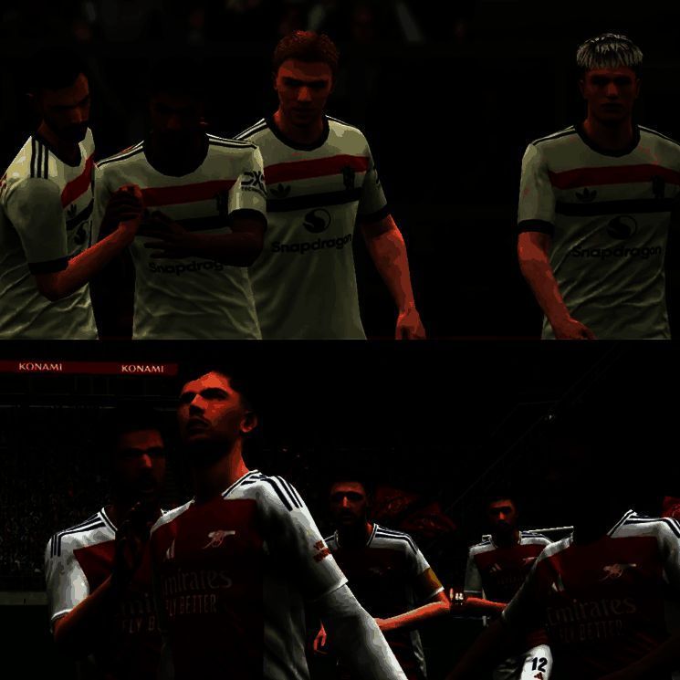 阿森纳与曼联比赛宣传图，两队球员对峙，背景为英超球场灯光璀璨