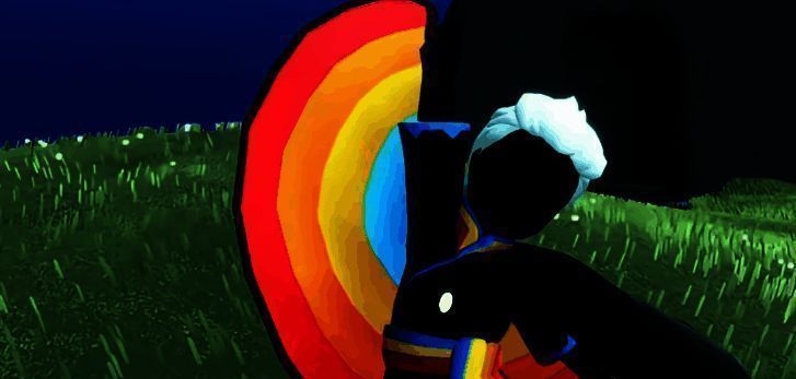 返场物品展示图，包含黑色彩虹斗篷展开状态、彩虹面具正面视角及大背头发型侧面造型