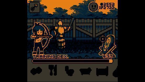 勇者女儿在草原上挥舞小剑，与小型怪物战斗，画面风格复古像素风，充满童趣