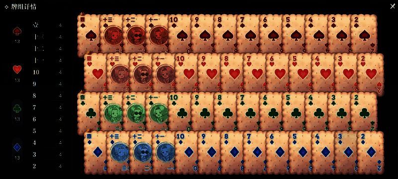 游戏界面展示不同花色和点数的饼干牌排列,清晰标注红桃、方片等花色