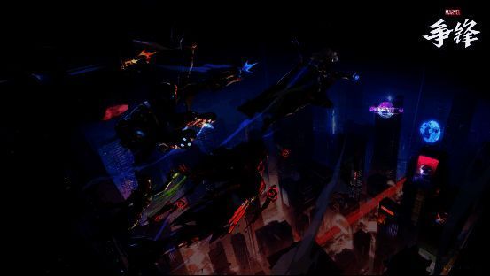 多英雄同屏战斗场景，不同超级英雄释放技能，战场硝烟弥漫，建筑正在崩塌