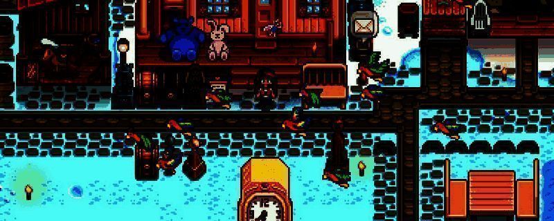 《星露谷物语》复活节活动现场，玩家与NPC在鹈鹕镇广场寻找彩蛋，背景装饰着春日花环和彩旗