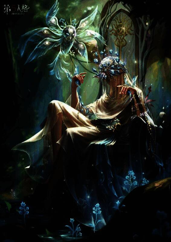 先知身披纯白轻纱，头戴花冠，双眸紧闭，周围藤蔓缠绕，宛如神圣降临的预言之子