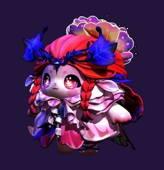 仙灵莉兰正面特写，粉色眼眸中映出铃兰图案，神情温柔，背景为梦幻水泽与飞舞蝴蝶