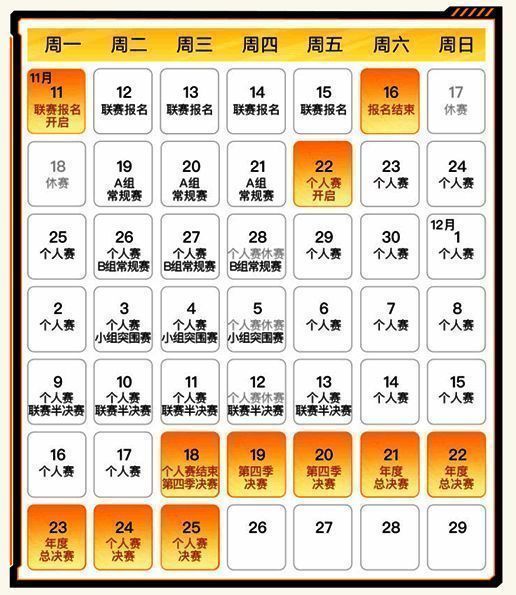 赛事日历图示,清晰标注报名、海选、晋级赛及总决赛各阶段时间节点