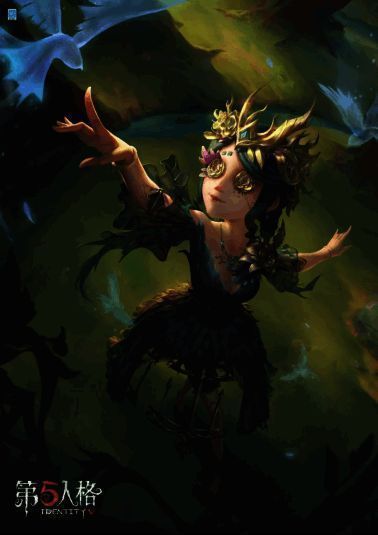 园丁-怪鸟时装立绘，黑色羽衣与金色鸟笼裙撑细节精致，氛围神秘