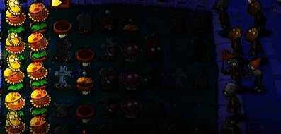 战斗场景中忧郁菇投手正在释放技能，3x3范围内僵尸被爆炸特效覆盖，画面充满紫色冲击波